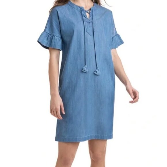 Vineyard Vines Chambray Dress Lightweight Short Sleeves Lace Up Neck size 6 - Picture 1 of 9
